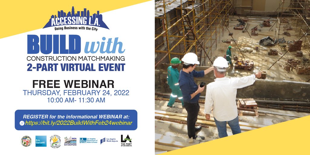 LACity's tweet photo. 🗓️ Join the @LACityDPW on 2/24 for the #AccessingLA Build with Construction Matchmaking 2-Part Virtual Event! 🚧
All businesses are invited to learn more about public contracting and enjoy a virtual venue for networking.
Register today at https://t.co/YXke5rkdjq. https://t.co/1RXv3zX8Et