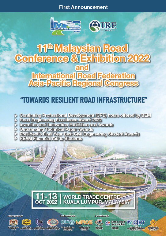 13thMRC's tweet photo. Yes, the 11th Malaysian Road Conference (MRC) & Exhibition will be held this coming 11-13 October 2022. You are welcome to join us. #jkr #11thmrc
https://t.co/2gQz1keqyH https://t.co/ziO8YjQ2jO