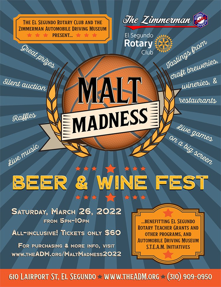 GundoRotary's tweet image. 🍻 Please join us for Malt Madness 2022, El Segundo's Beer &amp;amp; Wine Festival! Happening on Saturday March 26th from 5-10pm. 🍷
TICKETS ON SALE NOW: rotaryelsegundo.org