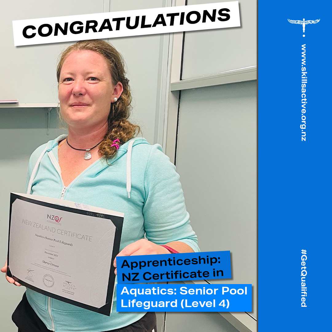 Congrats to Paula from Marlborough Lines Stadium 2000, for completing her NZCA in Aquatics: Senior Pool Lifeguard (L4). She now has her sights set on improving her swim teacher skills through the NZCA in Aquatics: Specialised Swim &amp; Water Safety Teacher (L4) Love the mahi Paula!
