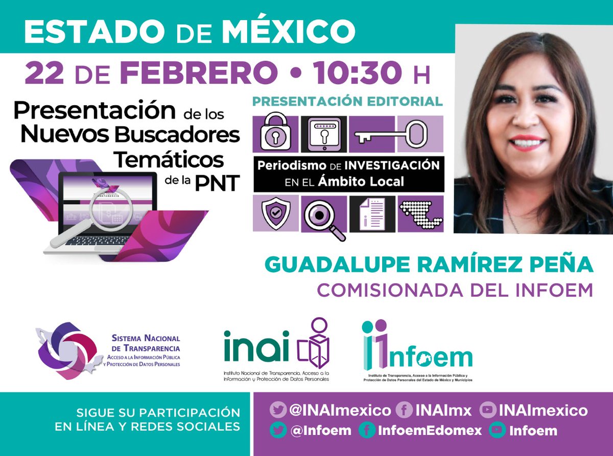 🗓 22 de febrero - 10:30 hrs
 
👉No te pierdas la Presentación de los Nuevos Buscadores Temáticos de la PNT y del libro "Periodismo de Investigación en el Ámbito Local"

👏Nos acompañará <a href="/GuadalupeRmrz/">Guadalupe Ramirez Peña</a>, Comisionada del <a href="/Infoem/">Infoem</a>   

📹Síguelo #EnVivo por las redes del <a href="/INAImexico/">INAI</a>