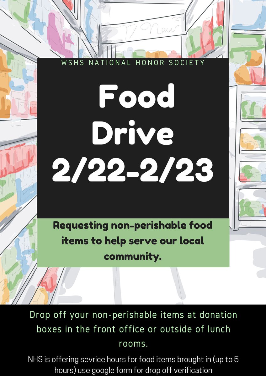 vikings_nhs's tweet photo. NHS is hosting a food drive starting on 2/22/22 and ending 2/23/22. We are requesting non-perishable food items. Drop off boxes will be located in the main office and outside both lunch rooms. NHS will sign off on service hours, 2 cans for 2 hours, 4 cans for 5 hours (1/2) https://t.co/Kk8jb5vAa4