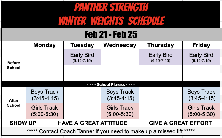 WR Schedule (Feb 21-25): Good luck to <a href="/CrestonBoys/">Creston High School Boys Basketball</a> this week as they begin their postseason run!  To the rest, the "spring" season is here! Choose to show up to your workouts and choose to show up with a purpose! #PantherStrength