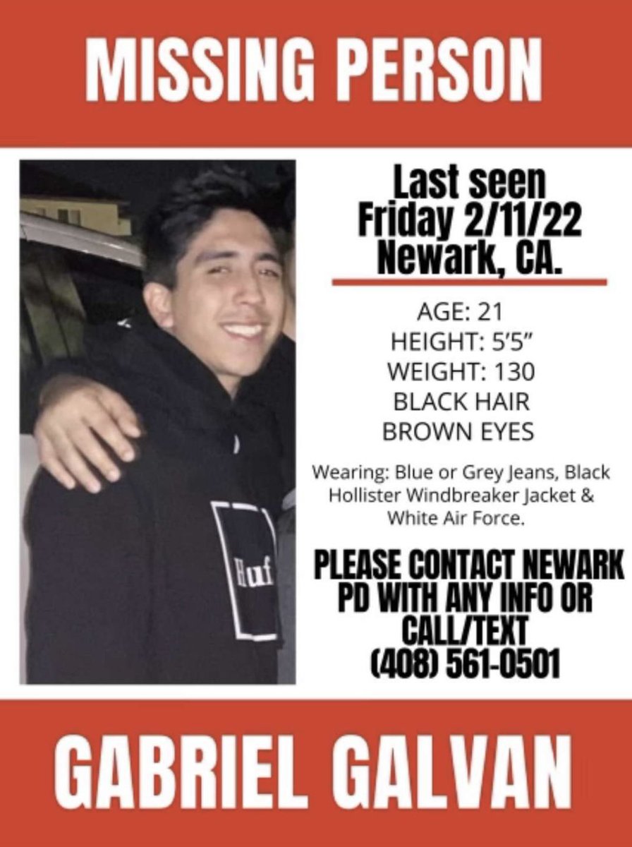 failedxdesign's tweet photo. Please retweet and share. My friend Gabriel Galvan has gone missing, he was last seen on 2/11/22 in Newark, CA on Mulberry St. Please contact me and/or the Newark Police Department if you have seen him as he’s at risk. https://t.co/wDv9D9xQet