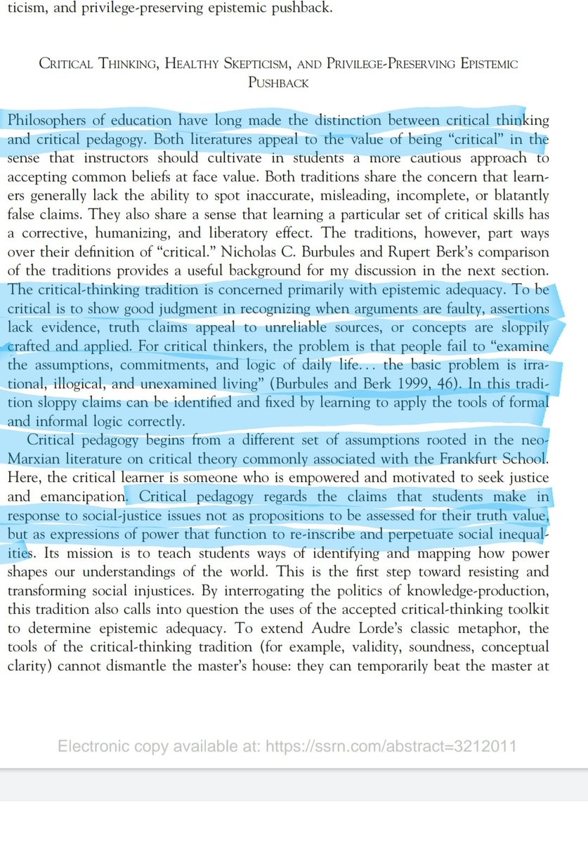 wokal_distance's tweet image. This NYT headline is what happens when you replace Critical Thinking with Critical Theory.
(The difference between them is explained by Critical Theorist Alison Bailey in Pic 2)

Woke ppl want to ignore logic and reason, and cynically analyze peoples interests and motives instead