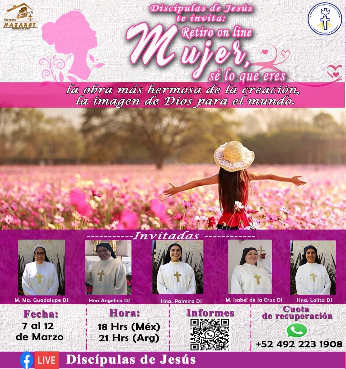 HermanasDJ's tweet photo. ¡¡¡ATENCIÓN!!!
Las hermanas Discípulas de Jesús tenemos el gusto de invitarles a nuestro 1er Retiro Virtual para Mujeres.
Del 7 al 12 de marzo, a las 18 hrs. (Méx), por Facebook Live.
Para mayores informes comunicate con nosotras por WhatsApp y Messenger. https://t.co/4wJvpQcoNe