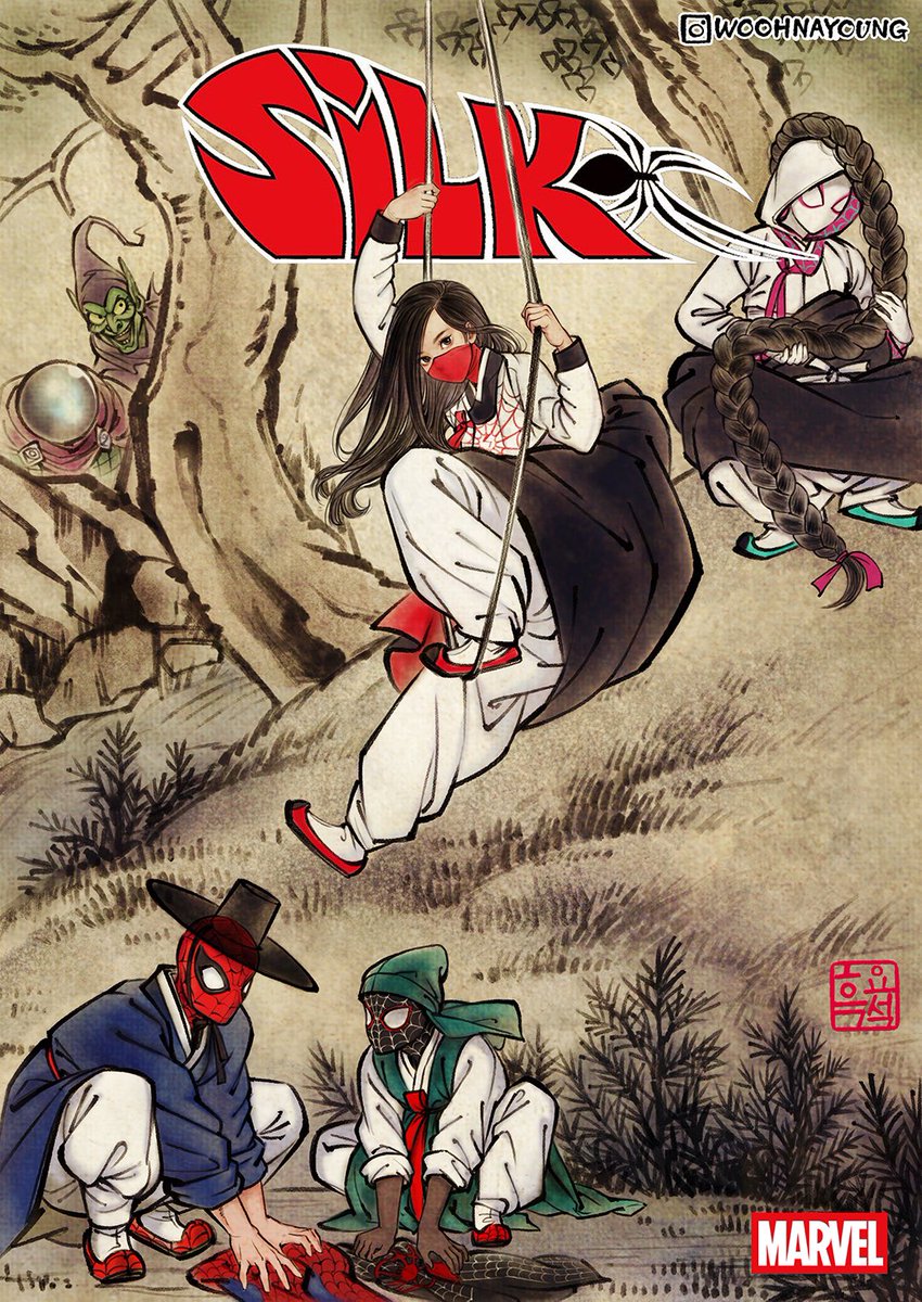 안녕하세요 흑요석입니다. 😄 
이번에 미국 마블 코믹스의 요청으로 미국에서 발행되는 실크 #5의 배리언트 표지를 작업했습니다.
저번과 마찬가지로 '한복'을 입고 있는 실크를 요청받았습니다.
#marvel