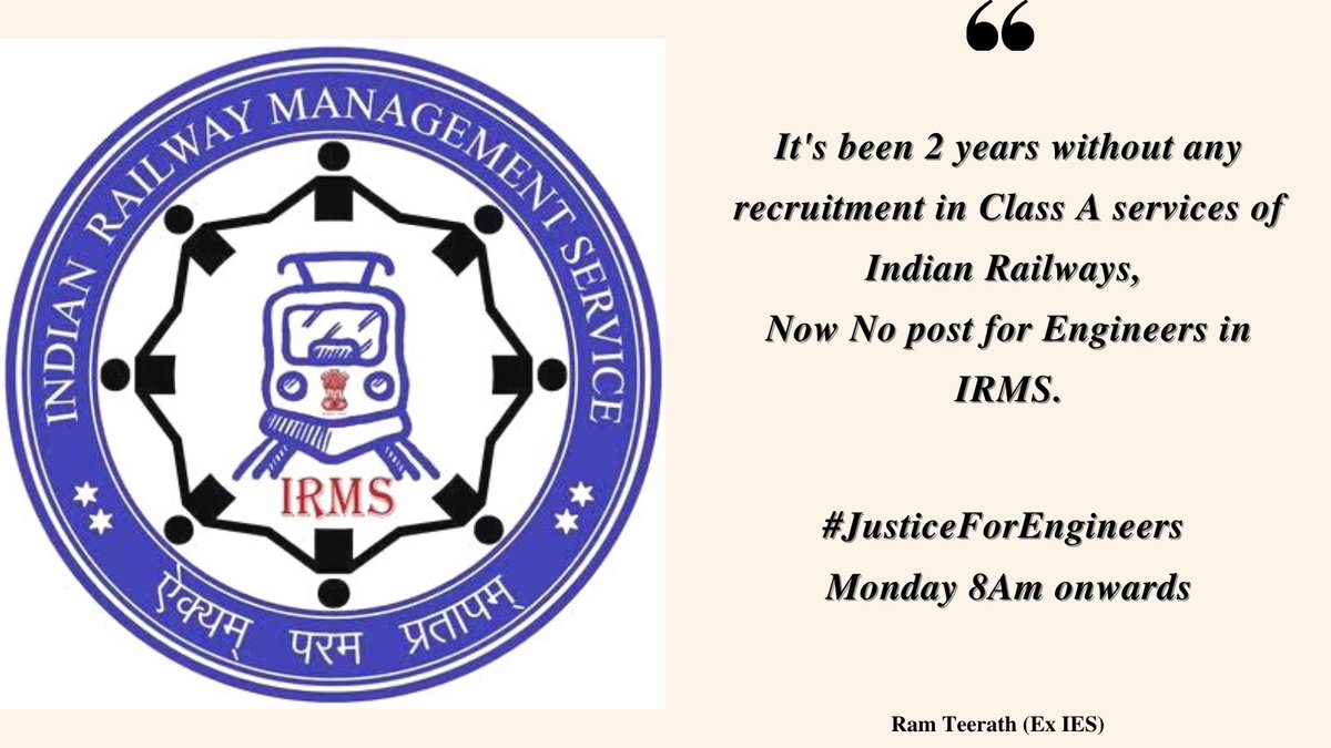 dharmale_pratik's tweet photo. IRMS will be recruited through CSE ,
After removal of more than 250 seats of Railway Group A post from ESE,
It's really heart wrenching when highly qualified & well deserving engineers are living with depression. #IRMSTHROUGHESE
#JusticeForEngineers https://t.co/5NCeicXPBY https://t.co/ObjIxe5cGc