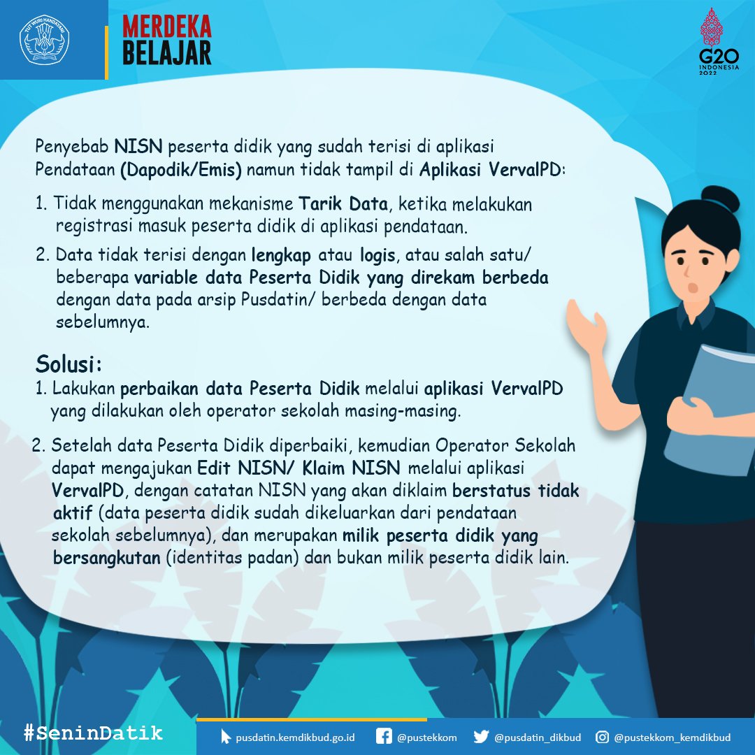 pusdatin_dasmen's tweet photo. #SahabatDatin Apakah sering mengalami kendala terkait NISN? Misalnya NISN tidak terbit, tidak tampil di aplikasi VervalPD atau tidak muncul di laman https://t.co/pc2wZiZWVl?

Yuk simak apa saja penyebabnya dan bagaimana solusinya!

#senindatik
#datadanstatistikpendidikan
#nisn https://t.co/XgN5am6Y90