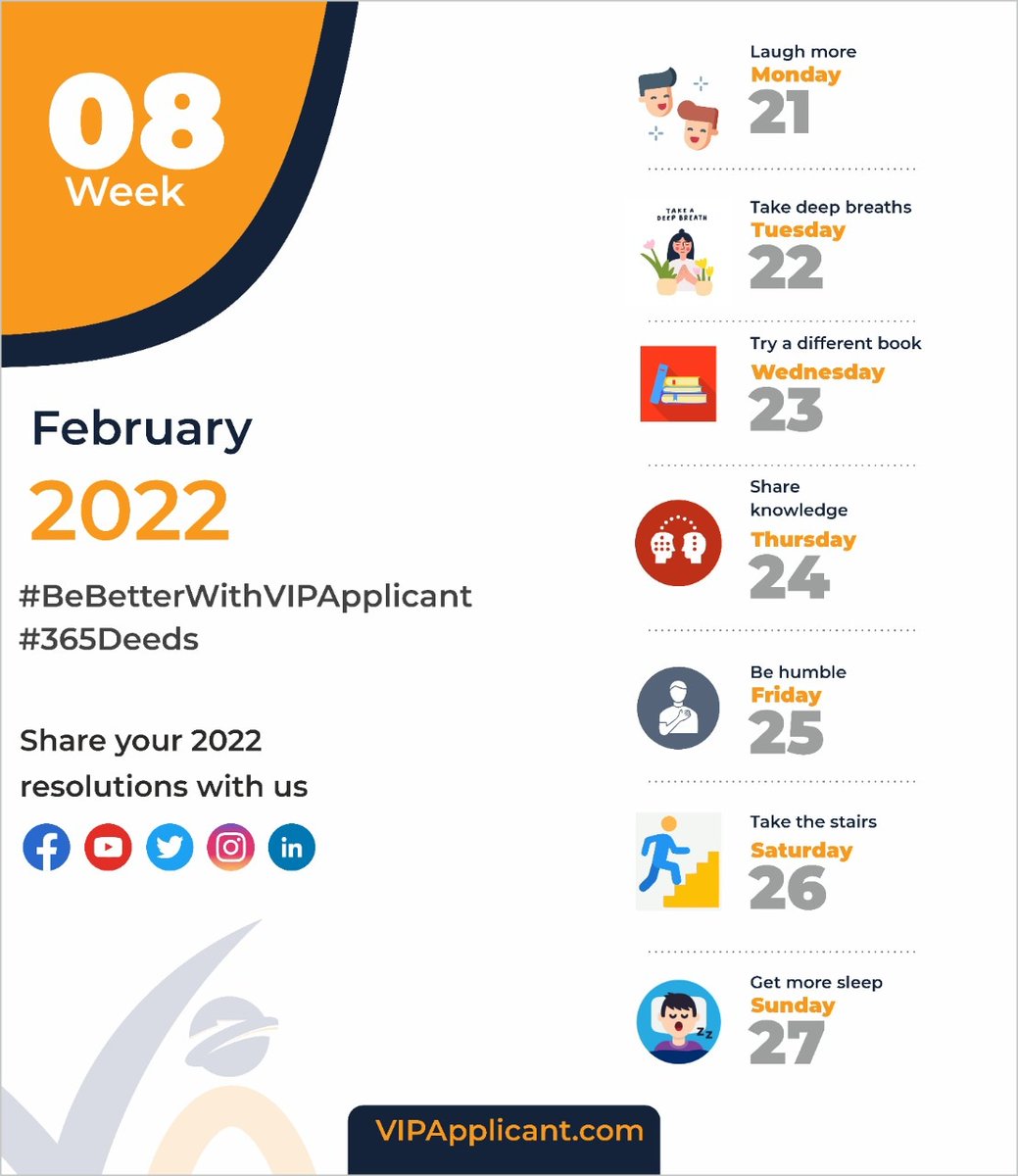 vipapplicant's tweet photo. Last week of February starts today. The #VIPApplicant #365Deeds weekly update breaks large goals into smaller achievable daily habits. 
Send your resolutions wishlist with us in the comments! 

#BeBetterWithVIPApplicant #365Deeds https://t.co/Q3O1I9oGO4