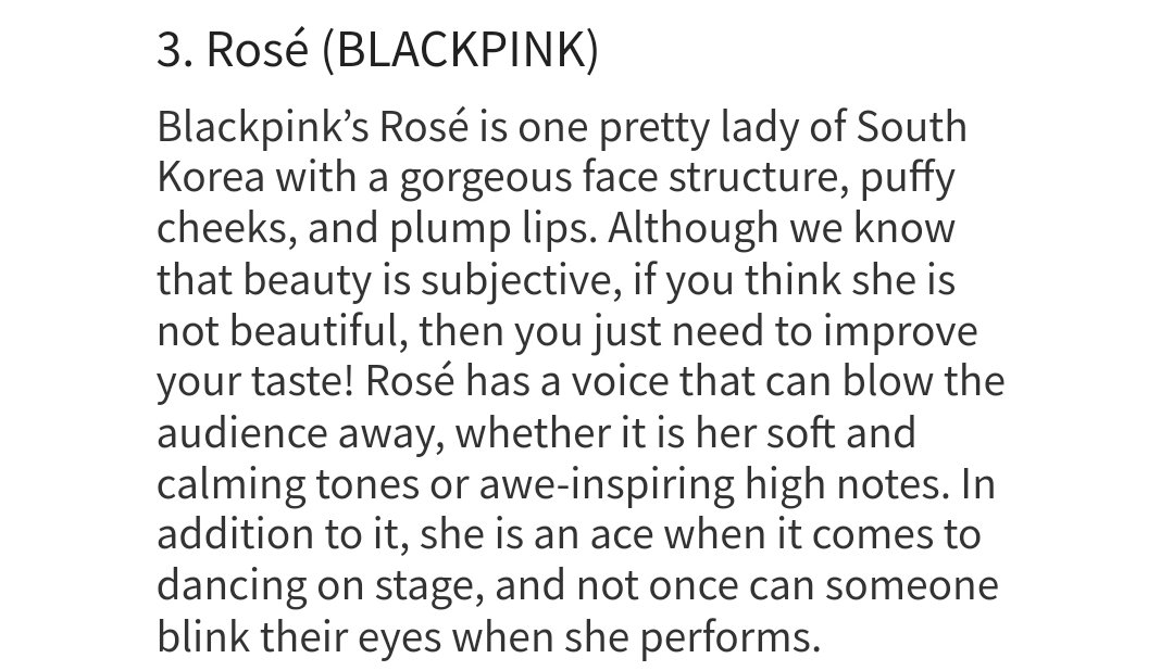 NumberOnesNews's tweet photo. Top 10 Most Beautiful Female Kpop Idols of 2022: 
#3 ROSÉ 
"Although we know that beauty is subjective, if you think she is not beautiful, then you just need to improve your taste! Rosé has a voice that can blow the audience away, whether it is her soft and calming tones or- https://t.co/ahC8sMaUlN