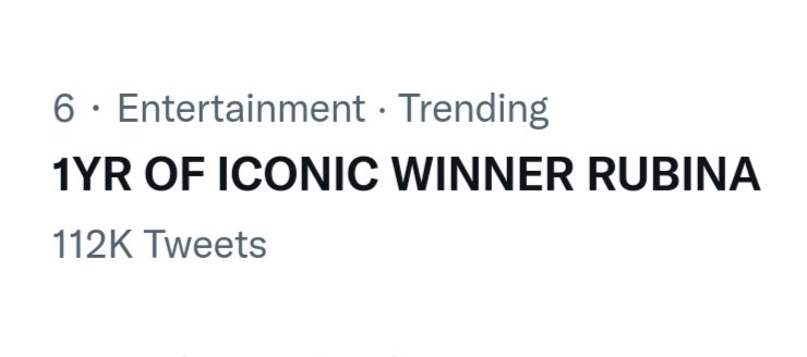 1YR OF ICONIC WINNER RUBINA is trending in India with 112K+ tweets

Retweet | If you're in a celebration mode.

#RubinaDilaik #RubiHolics