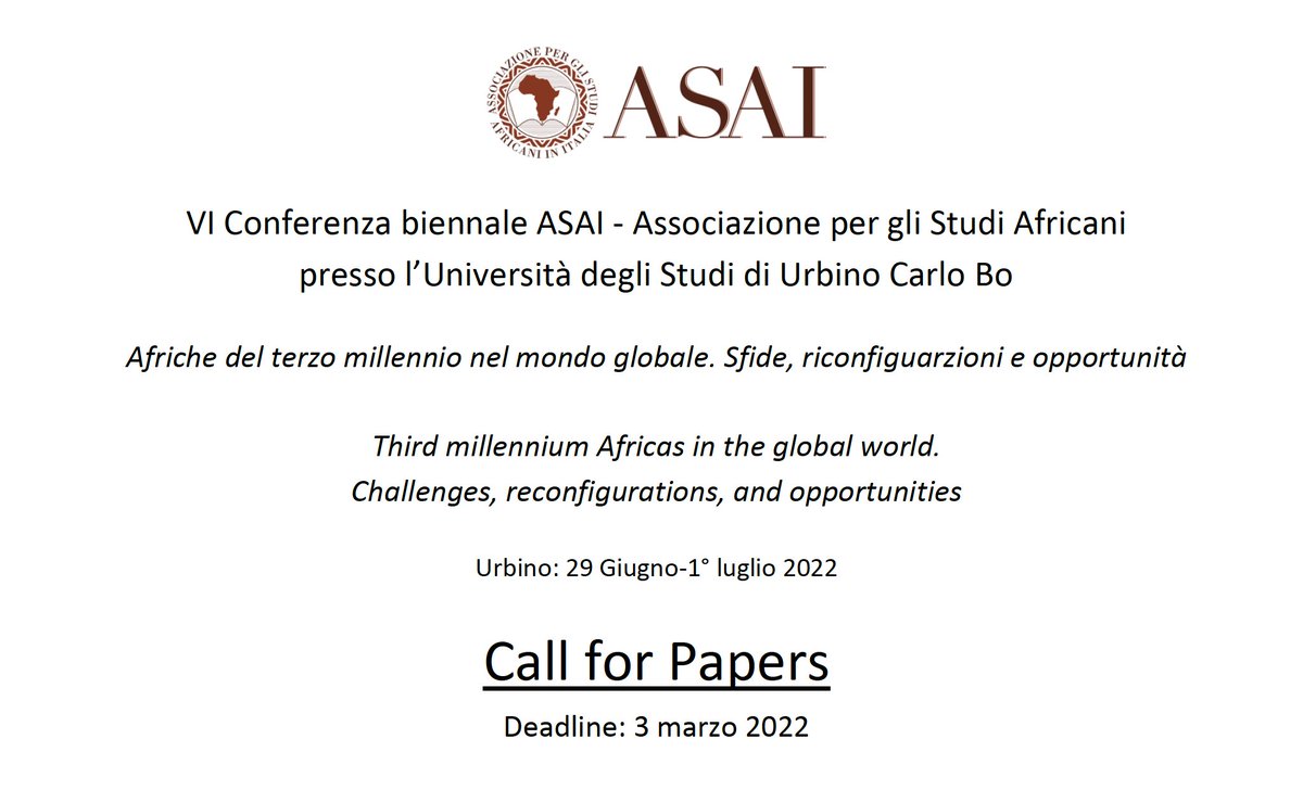 Africa_Rivista's tweet photo. The #CFP for the @asai_africa 2022 #Conference is out! Hosted in the stunning Urbino by @uniurbit, 29 June-1 July 2022, the Conference will feature 30 wide-ranging panels in Italian and English. We hope to see you there! 👉 https://t.co/IIP2XXrjhh

#Africa #Italia https://t.co/r8PVV6wHoJ