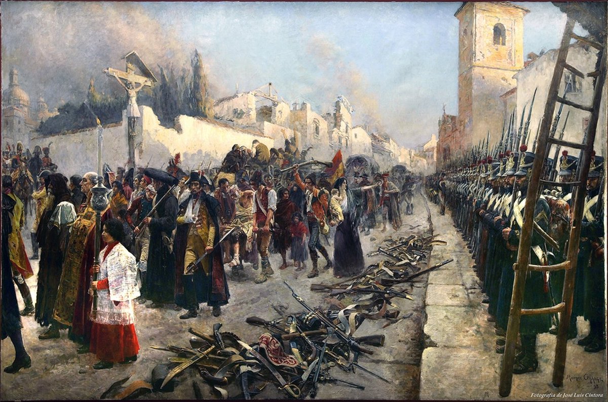 Efeméride de la capitulación de Zaragoza en 1809:
"21 de febrero, a mediodía, la guarnición salió por la puerta del Portillo. Desfiló delante del mariscal Lannes y depuso las armas al pide del Castillo [<a href="/laaljaferia/">Palacio de la Aljafería</a>]", Belmas. Maurice Orange lo representó así en su óleo de 1893⬇️