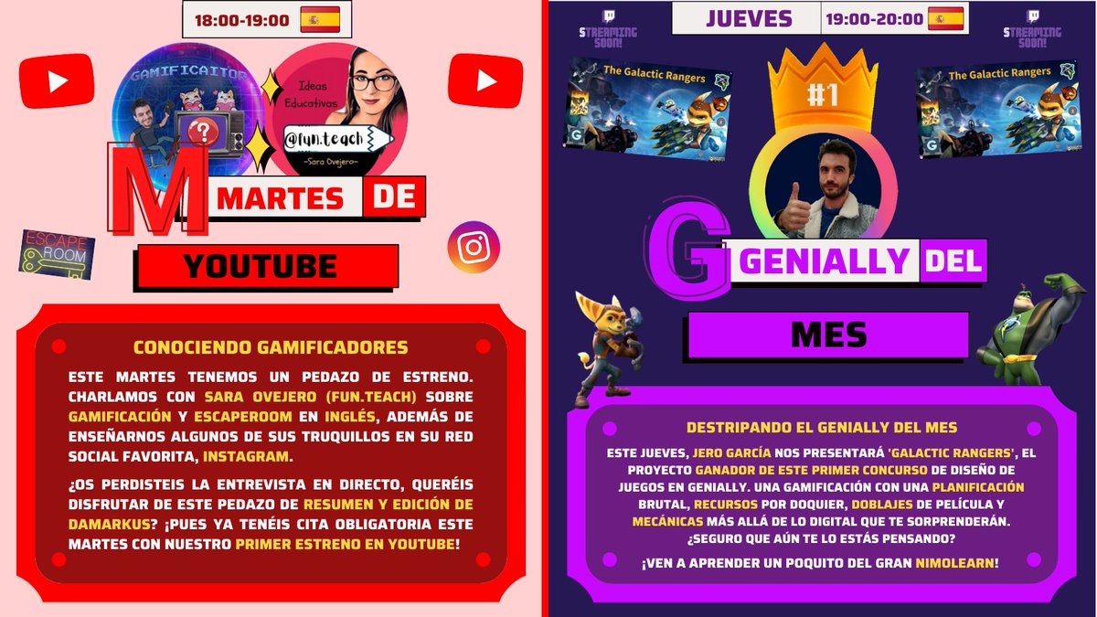 Aitor Barbosa (@gamificaitor) on Twitter photo Ya disponible el horario de la semana. Martes estrenamos entrevista con <a href="/_Fun_Teach/">Sara</a> en <a href="/YouTubeEspanol/">YTPH</a> , resumida y con pedazo de edición de <a href="/DaMarkusWolf/">DaMarkusWolf</a> y el jueves se viene <a href="/NimoLearn/">Jero García 🦊</a> a destriparnos su pedazo de <a href="/genially_es/">Genially (Español)</a> en <a href="/TwitchES/">Twitch ES</a>
¡Buena semana a tod@s! 🥰😘 Ya disponible el horario de la semana. Martes estrenamos entrevista con <a href="/_Fun_Teach/">Sara</a> en <a href="/YouTubeEspanol/">YTPH</a> , resumida y con pedazo de edición de <a href="/DaMarkusWolf/">DaMarkusWolf</a> y el jueves se viene <a href="/NimoLearn/">Jero García 🦊</a> a destriparnos su pedazo de <a href="/genially_es/">Genially (Español)</a> en <a href="/TwitchES/">Twitch ES</a>
¡Buena semana a tod@s! 🥰😘