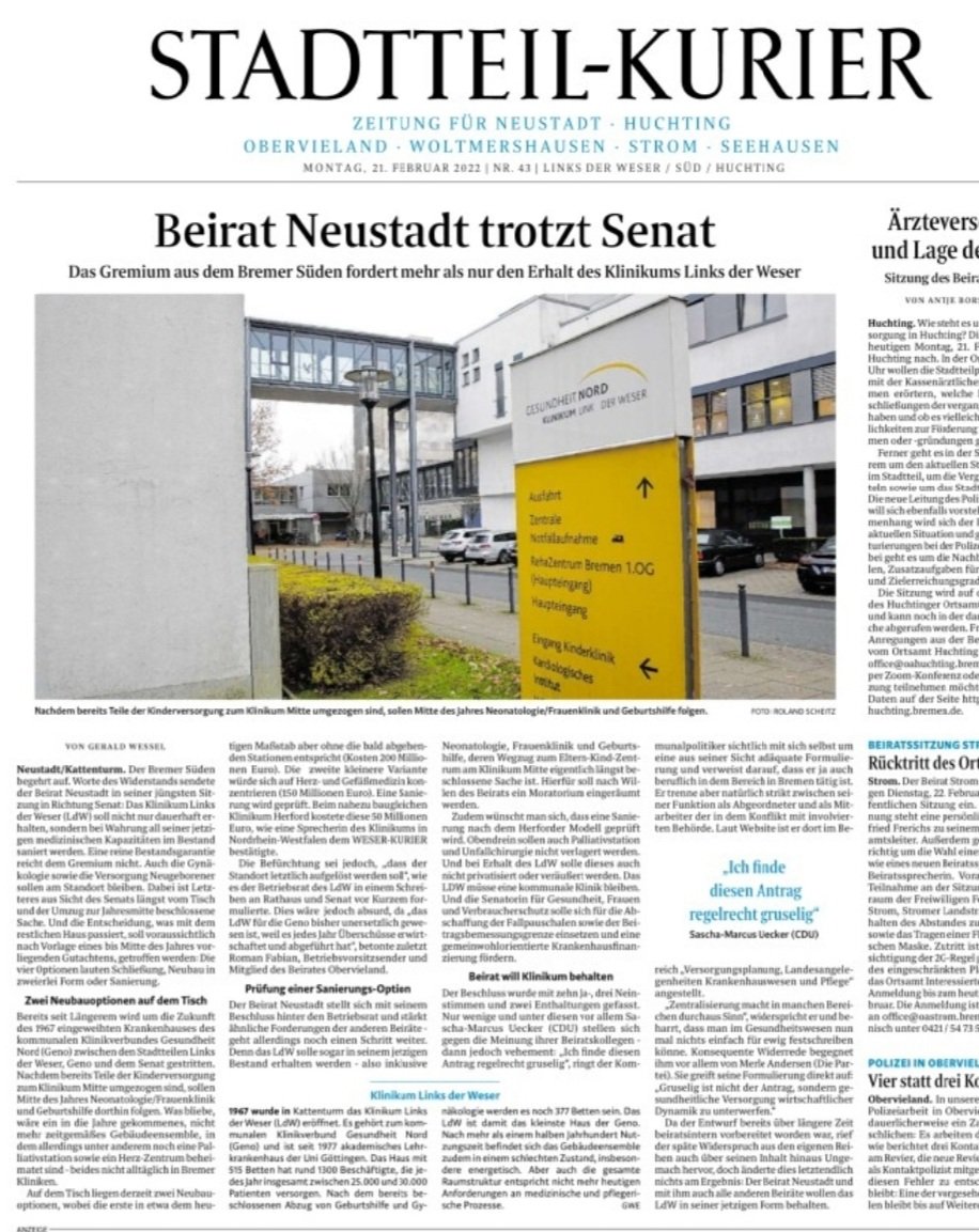 Dank dem Beirat Neustadt für einen richtungsweisenden Beschluss. Im März "Runde Tisch Zukunft LdW" in Obervieland. Gut das Kollege Peter Erlanson teilnimmt. Sollte ich am 09.03.2022 wieder in den BR-LdW gewählt werden, würde ich mich ebenfalls über eine Entsendung  freuen. Roman