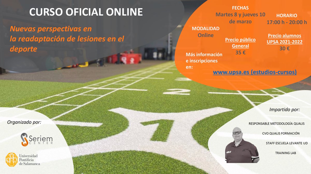 ¿Todavía no te has inscrito? upsa.es/la-upsa/instit…

CURSO "Nuevas perspectivas en el readaptación de lesiones en el deporte" @Coach_David_M 

8.mar | Revisión y Actualización del Concepto de Readap Y Propuesta de trabajo global 
10.mar | Sistemática del proceso de readap