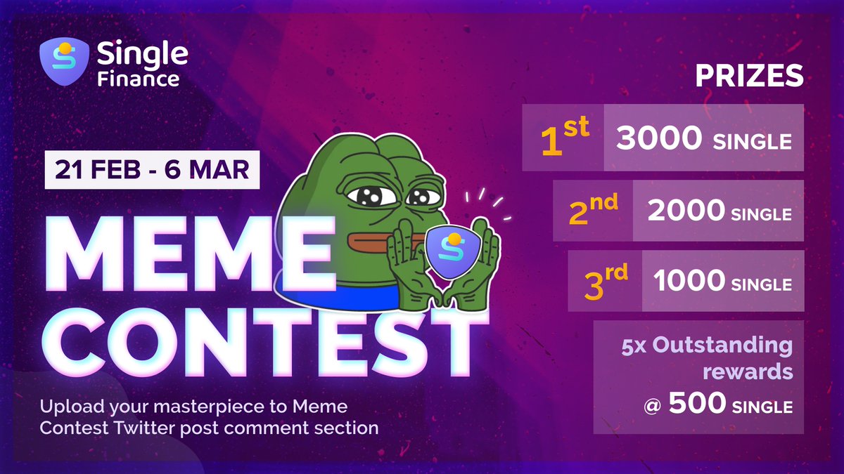 May the Best #Meme Win! 🤪🤟

Time to 💪✨ flex those creative muscles for the #SingleFinance Meme Competition! 🤡

Post your masterpiece 🎨 in the comments below 🍻

🤑🙌 Prize pool of 💰8500 $SINGLE up for grabs!