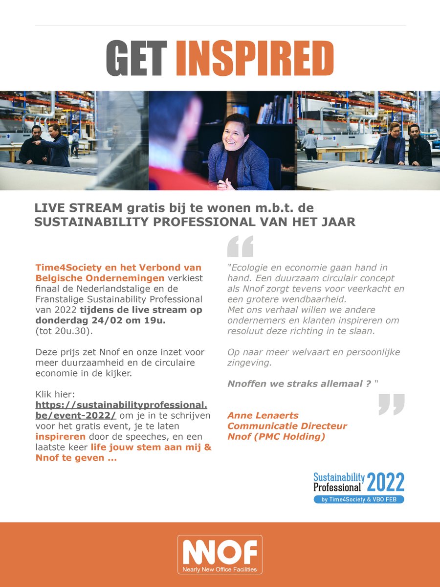 Nu donderdag (24/2) VBO-verkiezing vd Sustainability Professional 2022. LIVE STREAM om 19u. (tot 20u.30). gratis bij te wonen : voor inspiratie, en nog 1 keer te stemmen ajb. Hier inschrijven : lnkd.in/eWCGE6eM 
#getinspired #circulareconomy #ikbengenomineerd