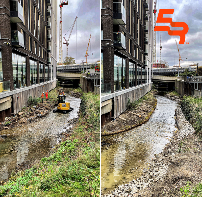 FiveRiversEC's tweet photo. Recently we’ve had a team installing scour protection on the River Ravensbourne in Lewisham at an urban site with very tricky access.  It can’t all be green fields and water meadows!

#scourprotection #environmentalimprovements #FiveRivers https://t.co/Mz09VBJgH0