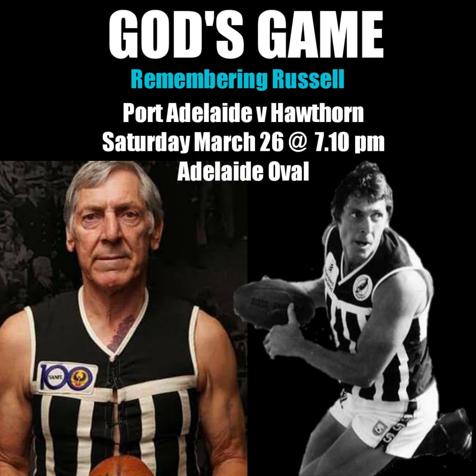 _Since1969's tweet photo. **REMEMBERING RUSSELL - GOD'S GAME**
Whatever you do in 2022 - do not miss Round 2 - @PAFC 1st home game - where we all get the chance to remember Port's greatest.
Get your membership & seats organised - this should not be missed. Club to release more info soon.
#DoItForRussell https://t.co/aW41dAYEuQ