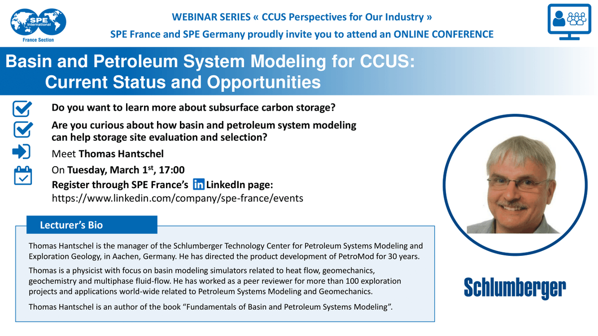 SPEgermany's tweet photo. >>> JOINT EVENT OF SPE FRANCE AND SPE GERMANY <<<

When? March 1st at 5 pm
What? "Basin and Petroleum Systems Modeling for CCUS: Current Status and Opportunities"
Who? Thomas Hantschel (Schlumberger).

Registration: https://t.co/u0rsMwdPy4

#spe #gsspe #spefrance #ccus #energy https://t.co/xXBwfq8VLS