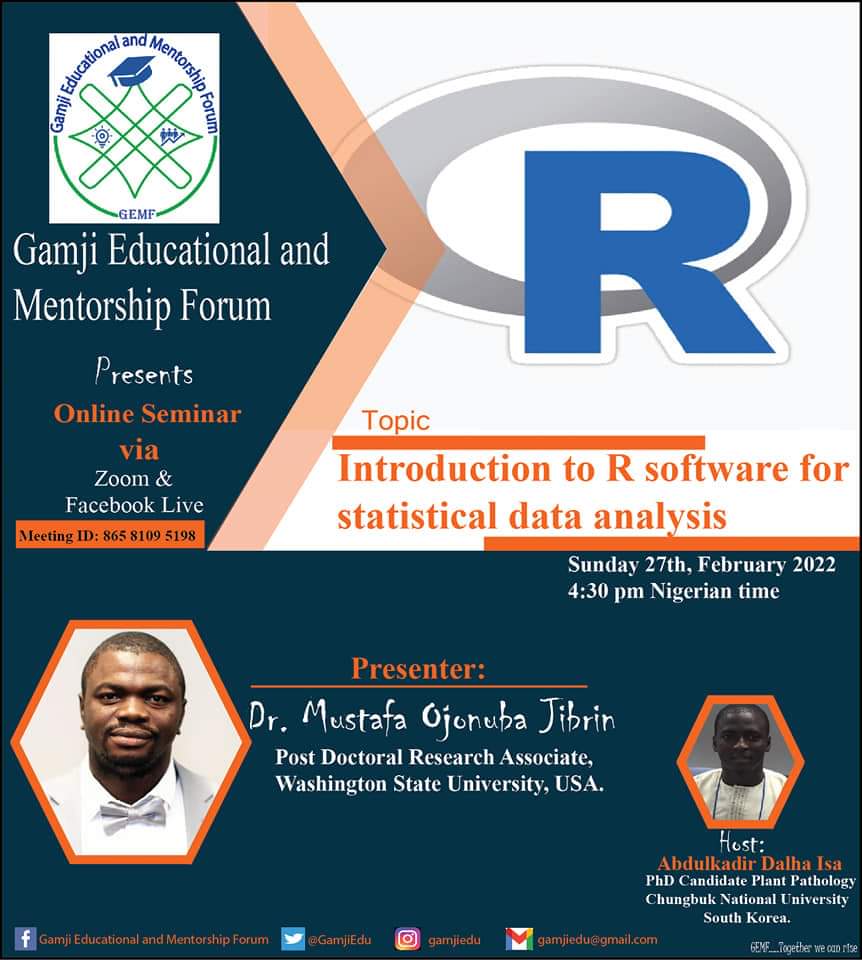 RugBauchi's tweet photo. #GEMF Presents online seminar via @Zoom and #FacebookLive.
#Topic: Introduction to R software for Statistical #DataAnalysis.
Date: 27th Feb, 2022
Time: 4:30 pm Nigerian time
Seminar link: https://t.co/lVOzYQYMDl
@gamjiedu #mentorship #rsoftware @RConsortium https://t.co/J3w7645xZr