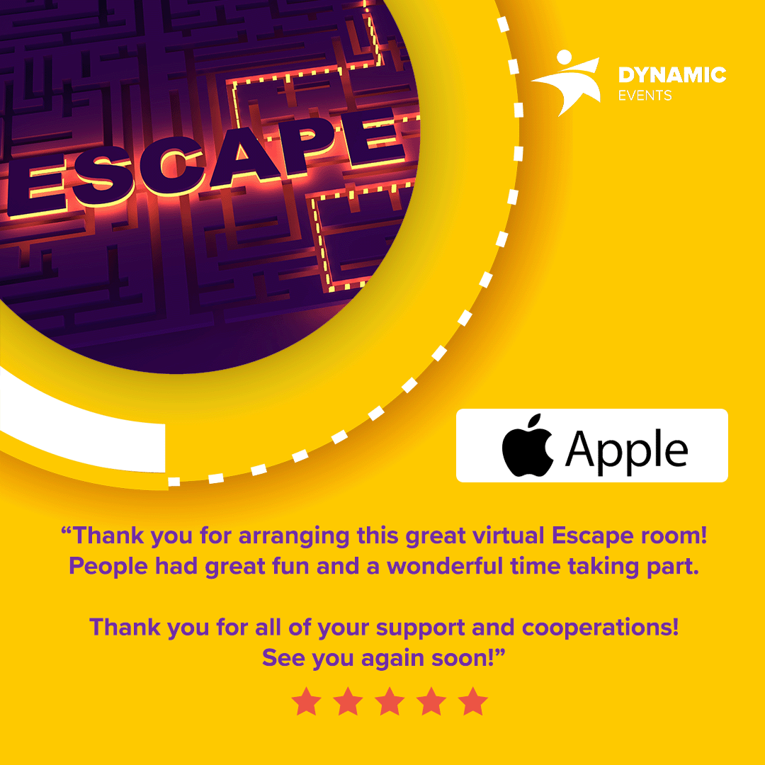 DynamicEventsIE's tweet photo. The team in Apple took on our Escape challenge! ๐๐ฑ
Have you got what it takes? ๐
#TeamBuilding #VirtualTeamActivities #OnlinEevents #RemoteTeamBuilding #DynamicEvents #EventProfs #EscapeRoom https://t.co/HjPhrN7yZR