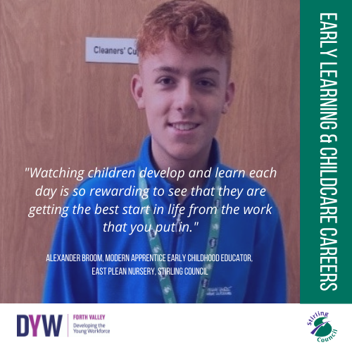 DYW_ForthValley's tweet photo. Alexander is a Modern Apprentice Early Childhood Educator @EastPlean Nursery in Stirling, explore his #NoWrongPath story & discover the skills & advice he has for young people in the Profile Pack on our blog here 👉https://t.co/DJ5c0yJKGB
@StirlingCouncil #ELC22 https://t.co/LZy4TNFQBz