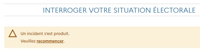 Ch4LN's tweet photo. A 1 mois et demi des élections, dommage que le service "Interroger votre situation électorale" ne fonctionne pas 😐 @servicepublicfr https://t.co/OvCoNV1fNG