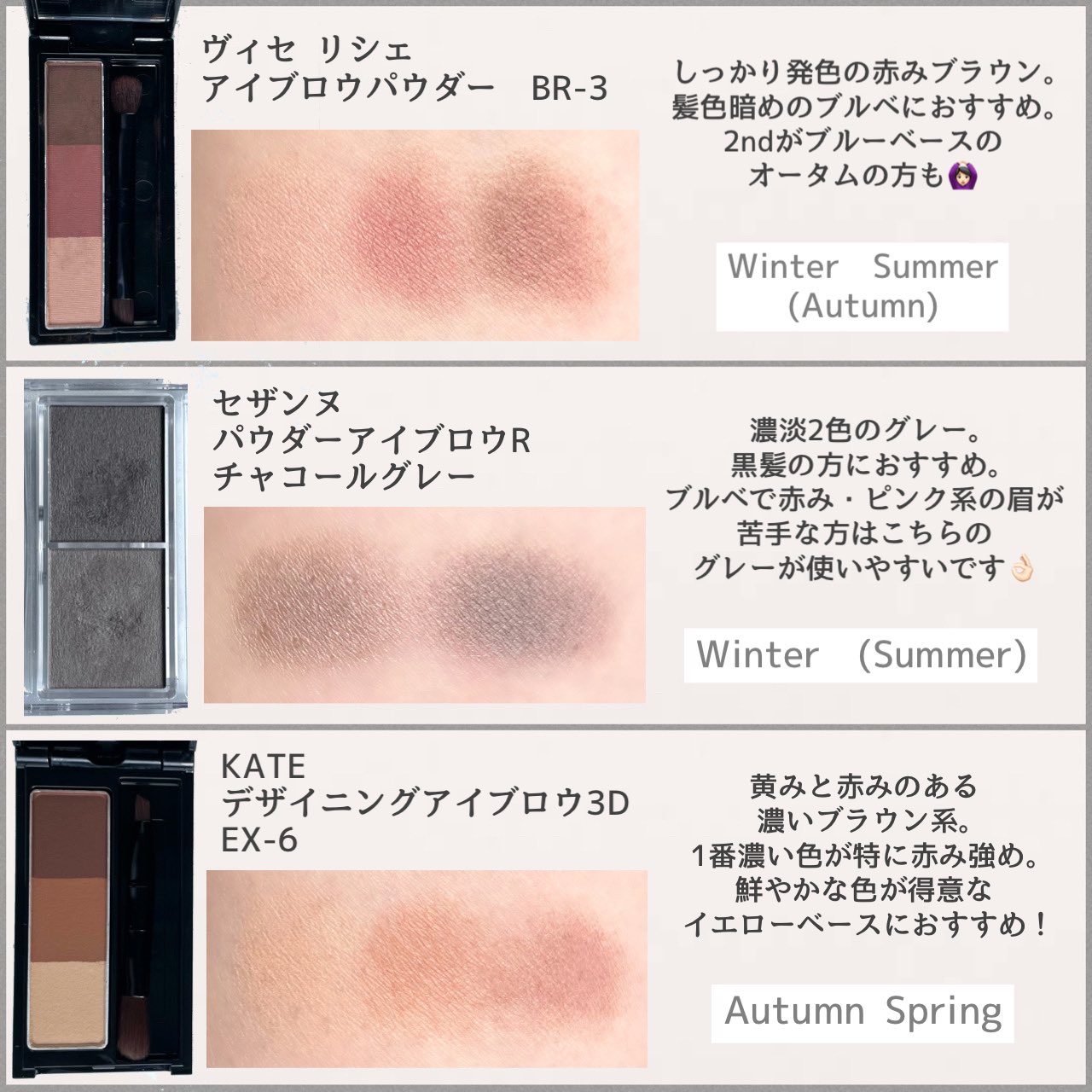 Karen 16タイプパーソナルカラー 顔タイプ診断 7タイプ骨格診断 東京 手持ちのプチプラアイブロウ比較 セザンヌの新作05はほんのりピンクでナチュラルな血色感 06は青みすぎずブルベが幅広く使いやすいカラー 自分の得意なアイブロウを