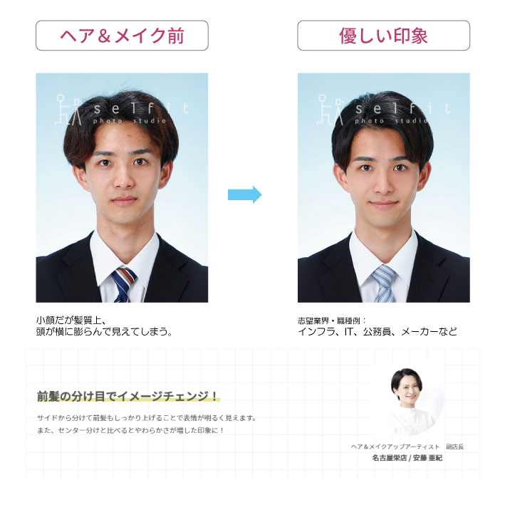 スタジオセルフィット ヘアメイクで応募書類に説得力を 見ている業界 求められている人材に近づけた印象にする事を意識してヘアメイクすることで 証明写真にも説得力が増します セルフィット のヘア メイクアップアーティストが志望業界 印象別に
