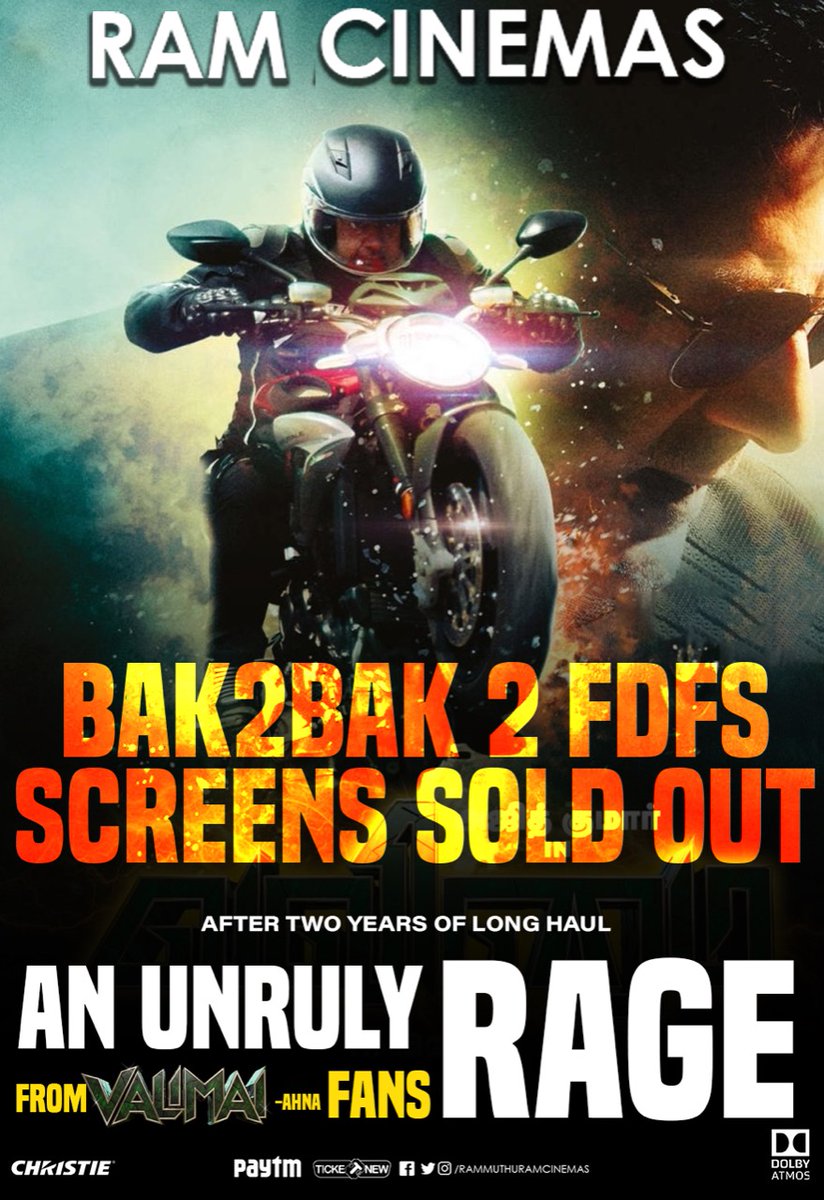 RamCinemas's tweet photo. Back 2 Back Houseful FDFS show for #Valimai 💥 in your #RamCinemas ✨
Day 1 Gonna Be Completely houseful 3 days before the movie release !!

#ValimaiInRamCinemas 🔥 Purely Raged !! https://t.co/p4eEx3hBuw