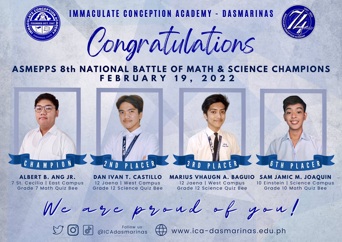 ICAdasmarinas's tweet photo. CONGRATULATIONS ICAnians‼️
For showing exemplary performance in the recently concluded ASMEPPS 8th National Battle of Math & Science Champions last February 19, 2022.
We are proud of you all. 👏🏻👏🏻👏🏻
#ASMEPPSnationals #ICAnianWinners
#BeCountedAmongTheBest #BeAnICAnian https://t.co/5lGFbem3Ce