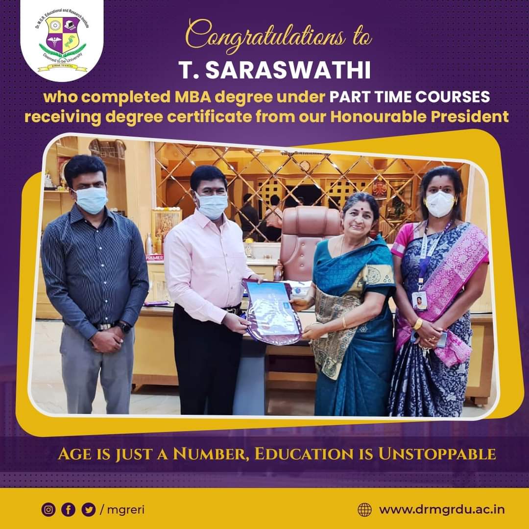 MgrUniversity's tweet photo. Education is Unstoppable with determination. Mrs.T.Saraswati in her 60s completed her MBA through PART TIME COURSES in Dr.MGR Education and Research Institute sharing her experience.
#mgreri #parttime #parttimemba #education #unstoppable #agedoesntmatter https://t.co/UBYKmhmX6M