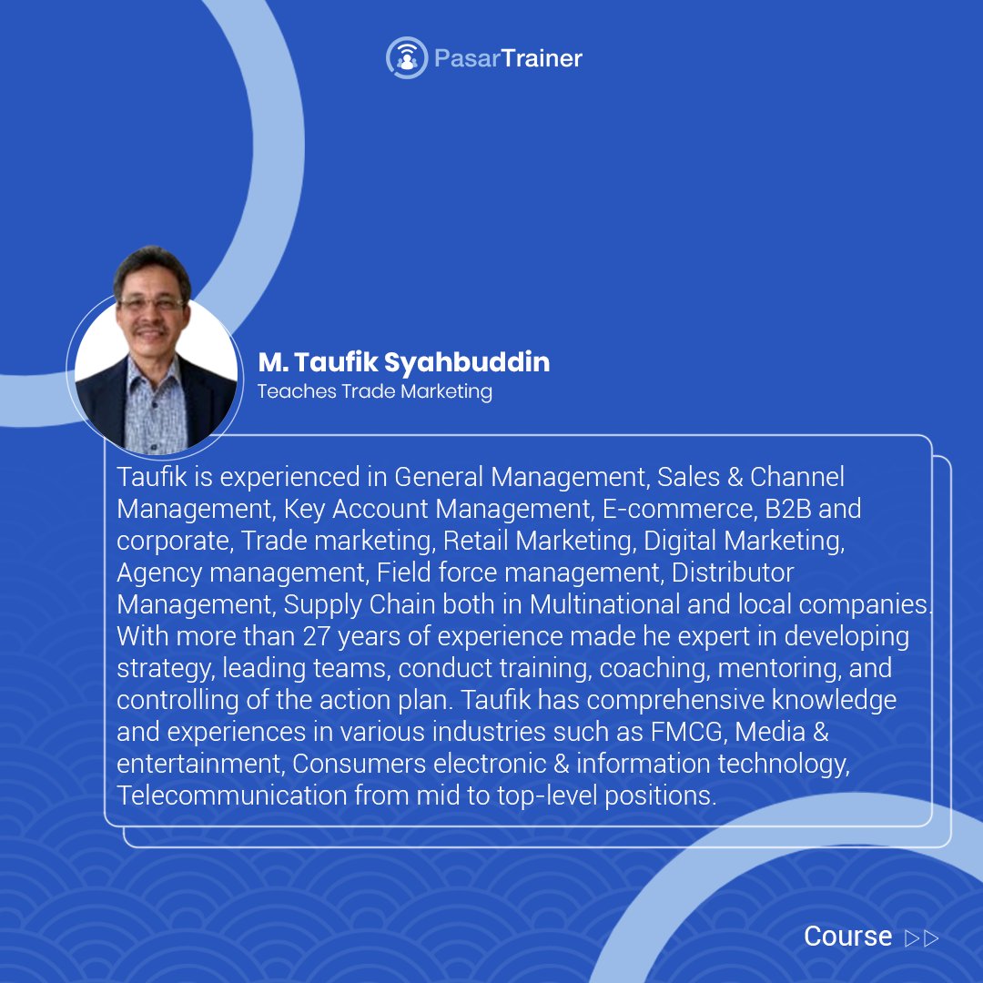 PasarTrainer's tweet photo. 👋🏻 Meet our new trainer
M. Taufik Syahbuddin
- Teaches Trade Marketing
Find what he teaches at PasarTrainer: https://t.co/u1BsC4x5oD
#pasartrainer #learninganddevelopment #trainingprovider #marketing #trading #trademarketing https://t.co/2S7KZZJ4tm