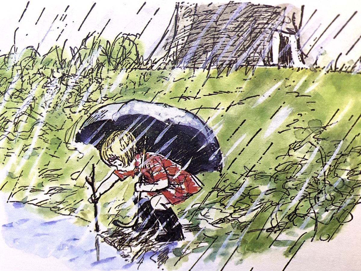 A_AMilne's tweet photo. It rained so hard that Christopher Robin stayed indoors most of the time, and thought about things. Every morning he went out with his umbrella and put a stick in the place where the water came up to, and each morning he had a shorter walk. ~A.A.Milne #StormFranklin #rain https://t.co/XdaziOj0FY