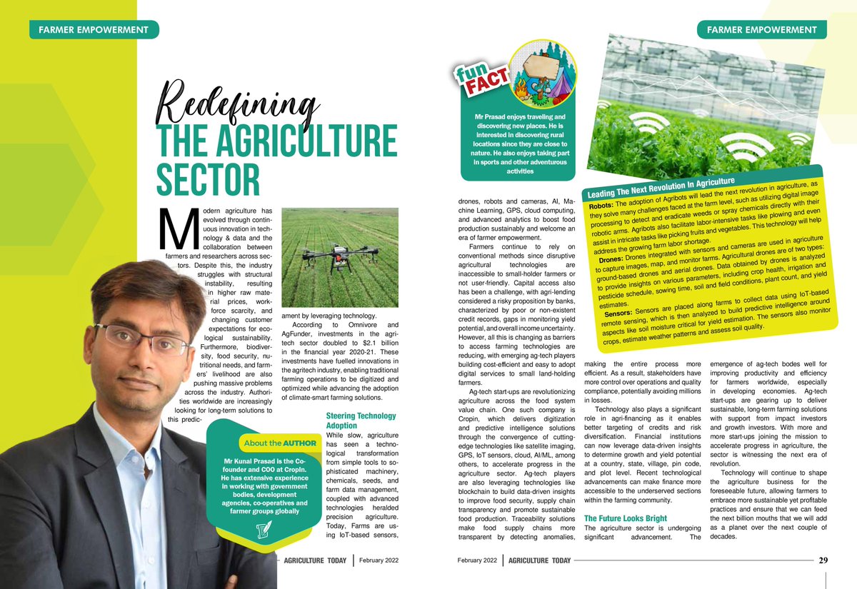 <a href="/Kunalhzb/">Kunal Prasad</a>, <a href="/CropInTech/">Cropin Technology</a> Co-founder and COO, discusses redefining Agriculture and Farmer Empowerment.

#agriculture #technology #research #startups #Investment #food #Digital #Ecosystem #mondaythoughts #MondayMorning