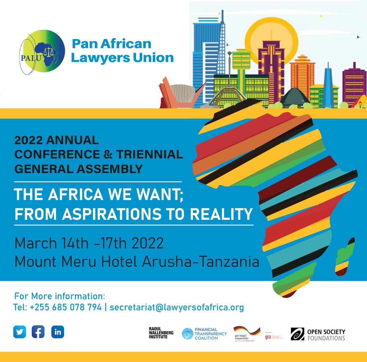 LawyersofAfrica's tweet photo. UPCOMING EVENT:
2022 ANNUAL CONFERENCE &amp; TRIENNIAL GENERAL ASSEMBLY
+255 685 078 794
secretariat@lawyersofafrica.org https://t.co/aD1Hp455MG