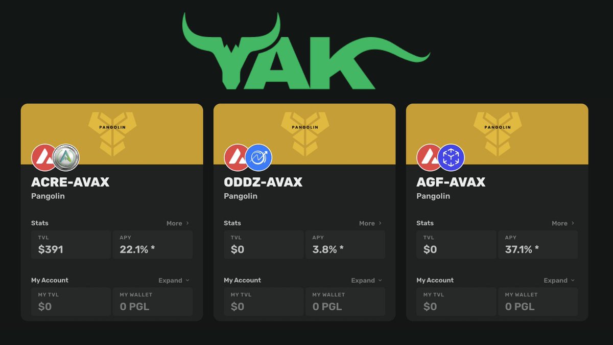 🦬 <a href="/yieldyak_/">Yield Yak 🐃 🥛</a> Has Launched New Farms From <a href="/pangolindex/">Pangolin</a> Super Farm

✅ $AGF-AVAX
<a href="/augmentedfin/">Augmented Finance</a>

✅ $ACRE-AVAX
<a href="/ArableProtocol/">Arable Protocol</a>

✅ $ODDZ-AVAX
<a href="/oddz_finance/">Oddz Finance</a>

⬇️Deposit Here:
yieldyak.com/farms

#FLS