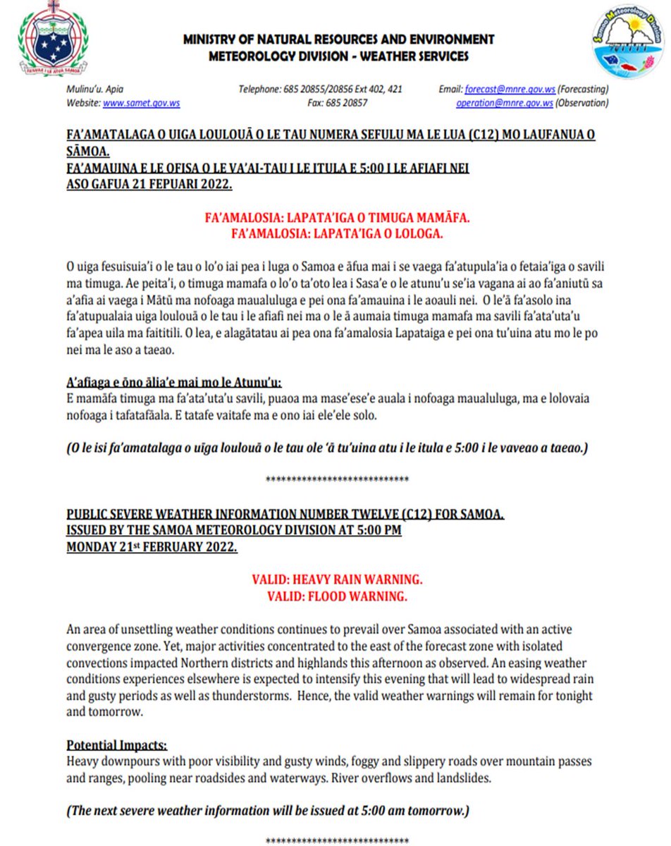 PUBLIC SEVERE WEATHER INFORMATION NUMBER TWELVE (C12) FOR SAMOA