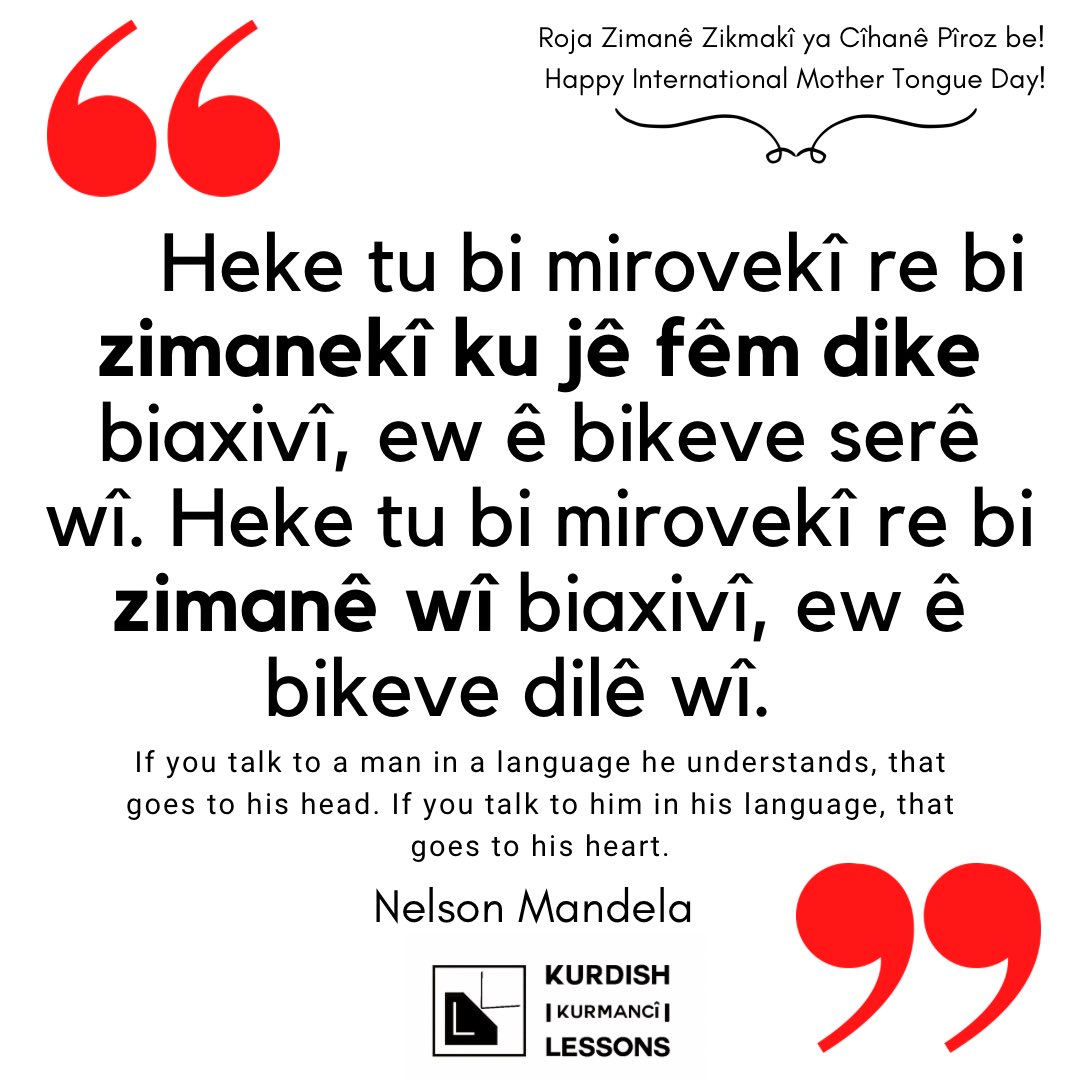 kurdishlessons's tweet photo. Roja Zimanê Zikmakî ya Cîhanê pîroz be!
Happy International Mother Tongue Day! 🌿
#kurdî #kurmanjî #zimanêkurdî #kurdish #kurdishlessons https://t.co/jeTTiV7GuK