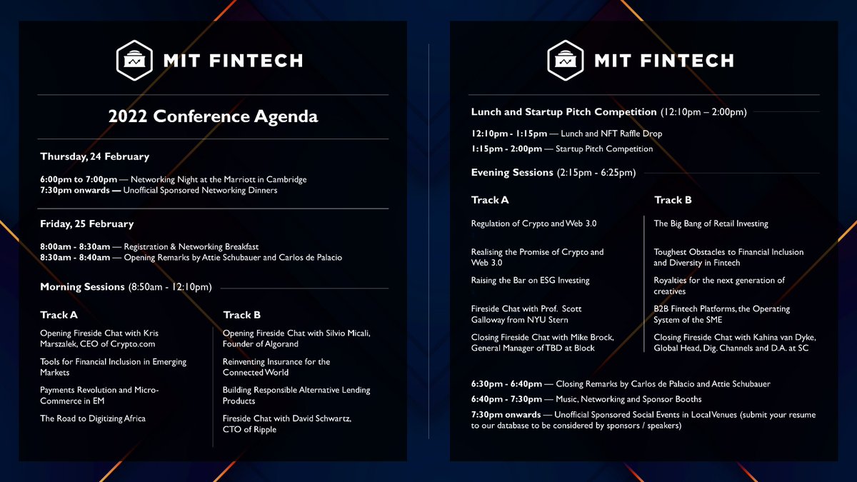 We are incredibly excited to share the #agenda for our upcoming #FinTech #Conference! We will have #inperson & #virtual components to allow for a global audience and an amazing forum in #Cambridge. #Crypto #Web3 #blockchain