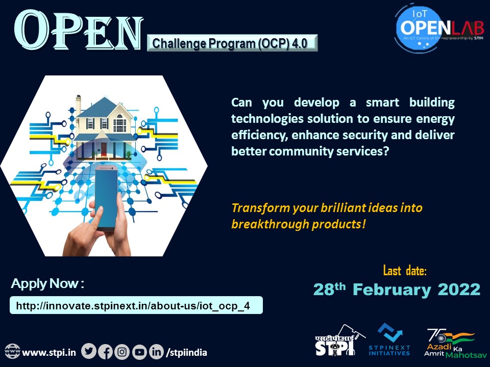 STPI_IoTOpenLab's tweet image. Can you develop #IoT-based smart building technologies solutions to enhance security and deliver better community services? Join the 4th cohort of #STPIIoTOpenLab to transform your ideas into innovative products. Apply now: innovate.stpinext.in/about-us/iot_o…… #STPICoEs #STPIINDIA