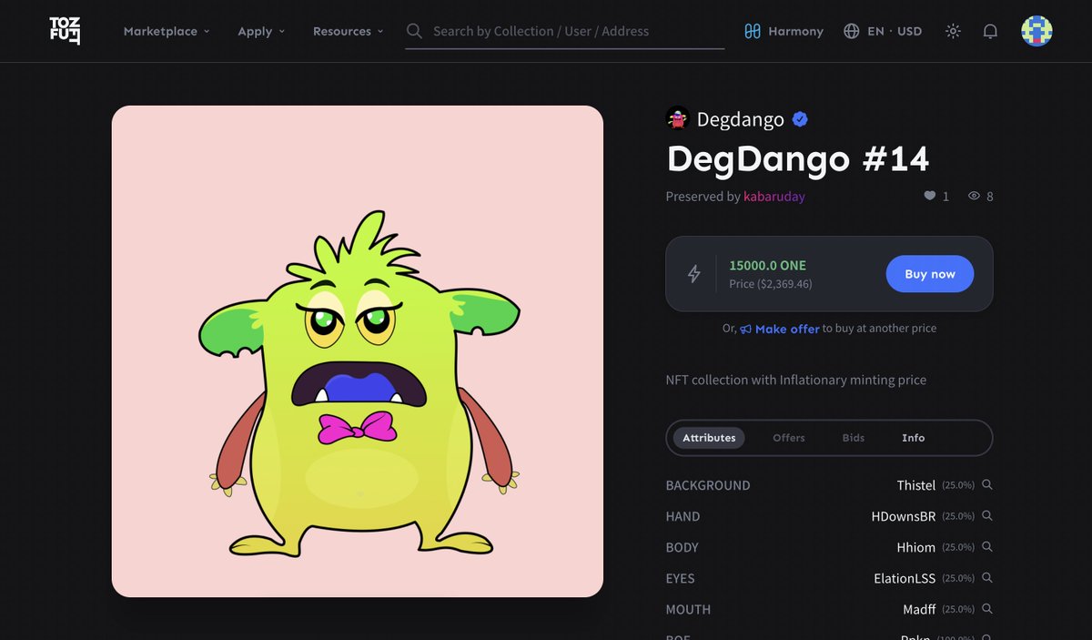thenftChuck's tweet photo. 🥳 Welcome @kabaruday  to the Degdango fam!

Degdangos are 🚀Rocking🚀 at secondary market at @tofuNFT  

Mint Degdango 👇👇👇
 https://t.co/ytZPJ4MtQI

https://t.co/rvqL7SKKlH

#NFT #crypto #tofuNFT #Harmony #NFTCollection #blockchain #inflationary #ONE https://t.co/9SVJELTg5u