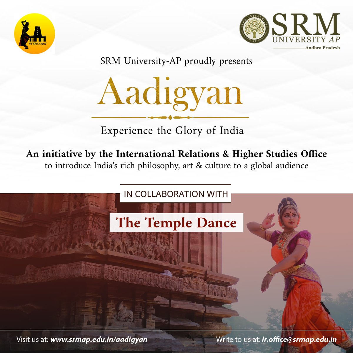 SRMUAP's tweet photo. Dance is not only an art form but also an opportunity to express, to create, to tell a story, to live. #Aadigyan, the flagship initiative by the Office of International Relations & Higher Studies collaborates with the renowned Dance school, The #TempleDance. #SRM #SRMAP #SRMUAP https://t.co/OK6Ll2J2WF