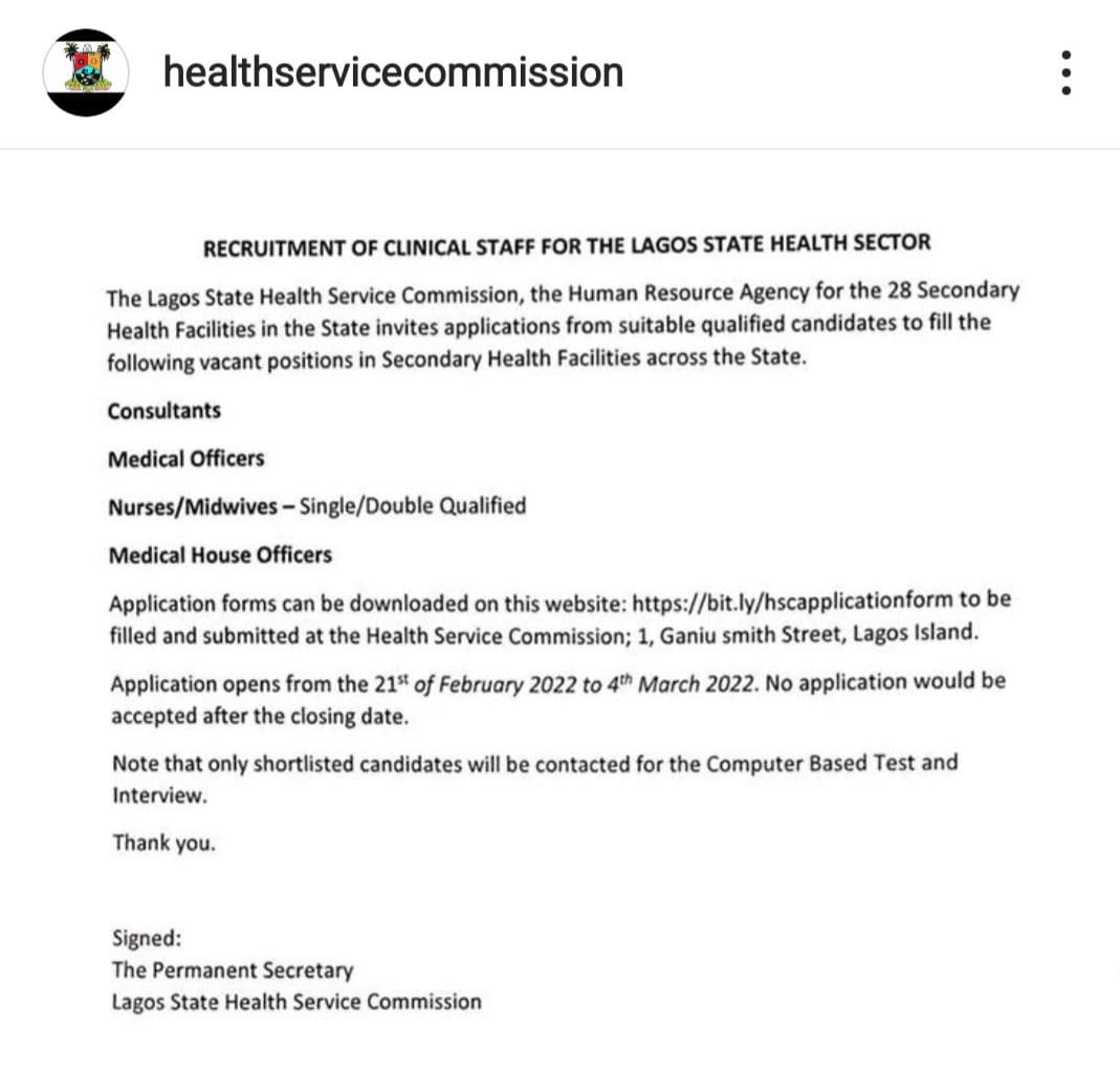 Sub_nurse1's tweet photo. Lagos state govt is hiring clinical staff for their health sector including RNs  and medical officers. opening from 21feb -4th march 2022

Sad that someone can't apply because NMCN is yet to #release2021NMCNresult 

@Nigeria_NMC @NigEducation @aproko_doctor @OgbeniDipo @Omojuwa https://t.co/3Q08Wwt6Cm