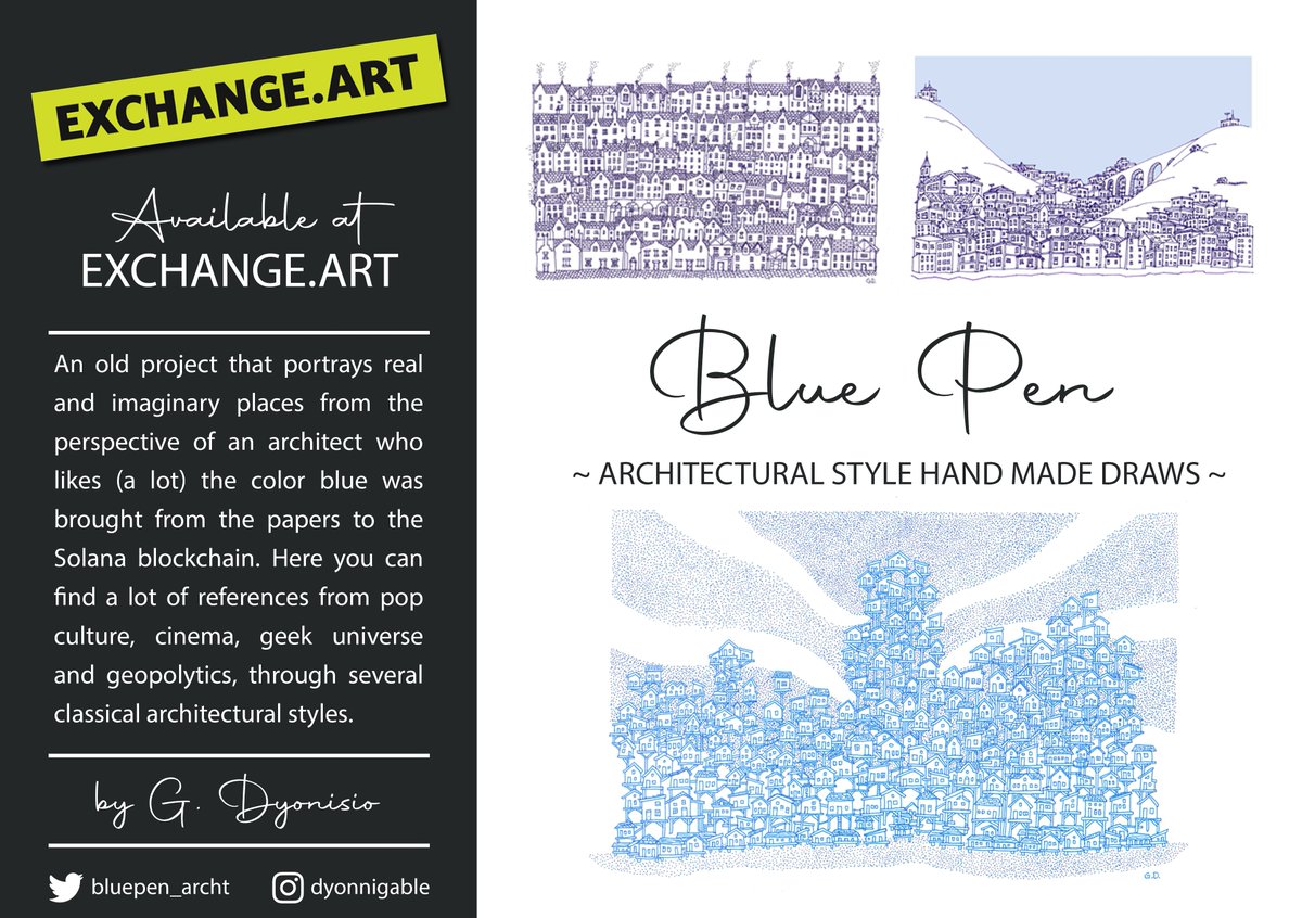 bluepen_archt's tweet photo. Hello! I'm G. Dyonisio and I decided to put some of my works that I've been drawn since 2016 in the Solana blockchain. I hope you like the blue color! 💙

Find me here! https://t.co/kk7qsSXh2T
at @exchgART https://t.co/T3rdENTRpB