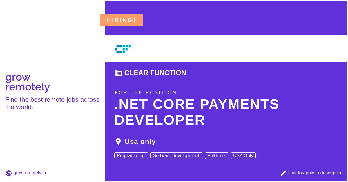growremotelyio's tweet image. Check out this job at Clear Function for the position .NET Core Payments Developer.
Apply link: growremotely.io/?id=6212d86302…
#hiring #remotejobs #ClearFunction #Programming