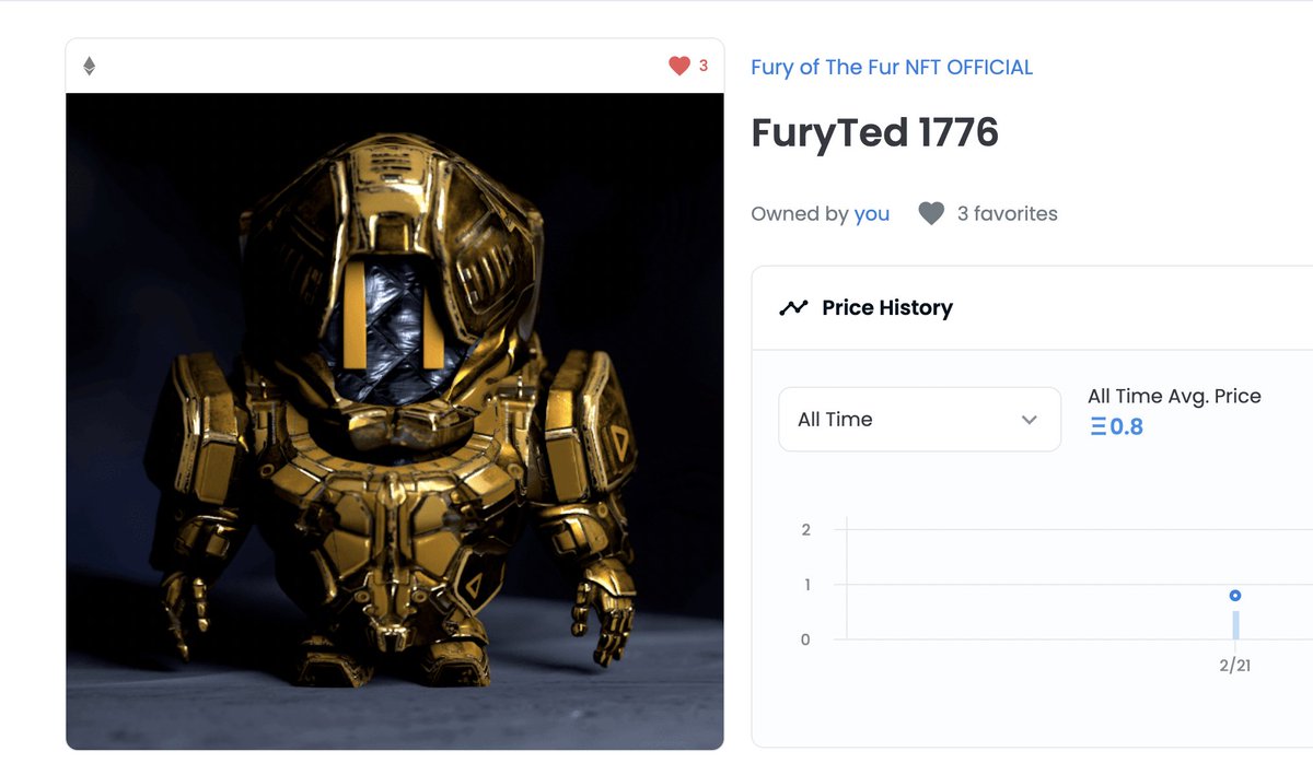 #FOTF4LIFE <a href="/FuryofTheFurNFT/">Fury of the Fur - Something's Coming</a> 

I bought No.1 Teddy NFT at 0.8ETH.

#FOTF の最高レベルを0.8ETHで落札しました。